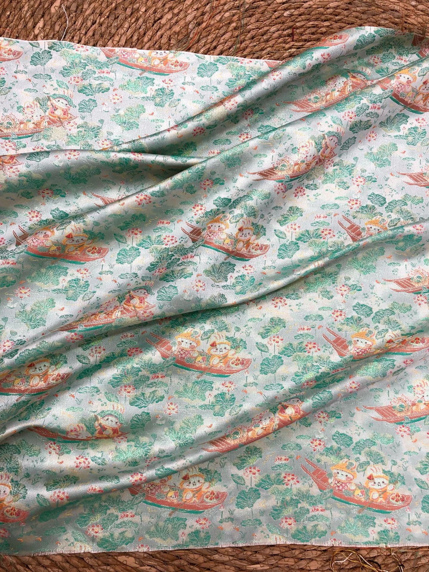 Chinese Song Brocade Jacquard Fabric | Gold Thread Rabbit Lotus Pattern Textile | Traditional Woven Fabric By Yard, 59" Wide