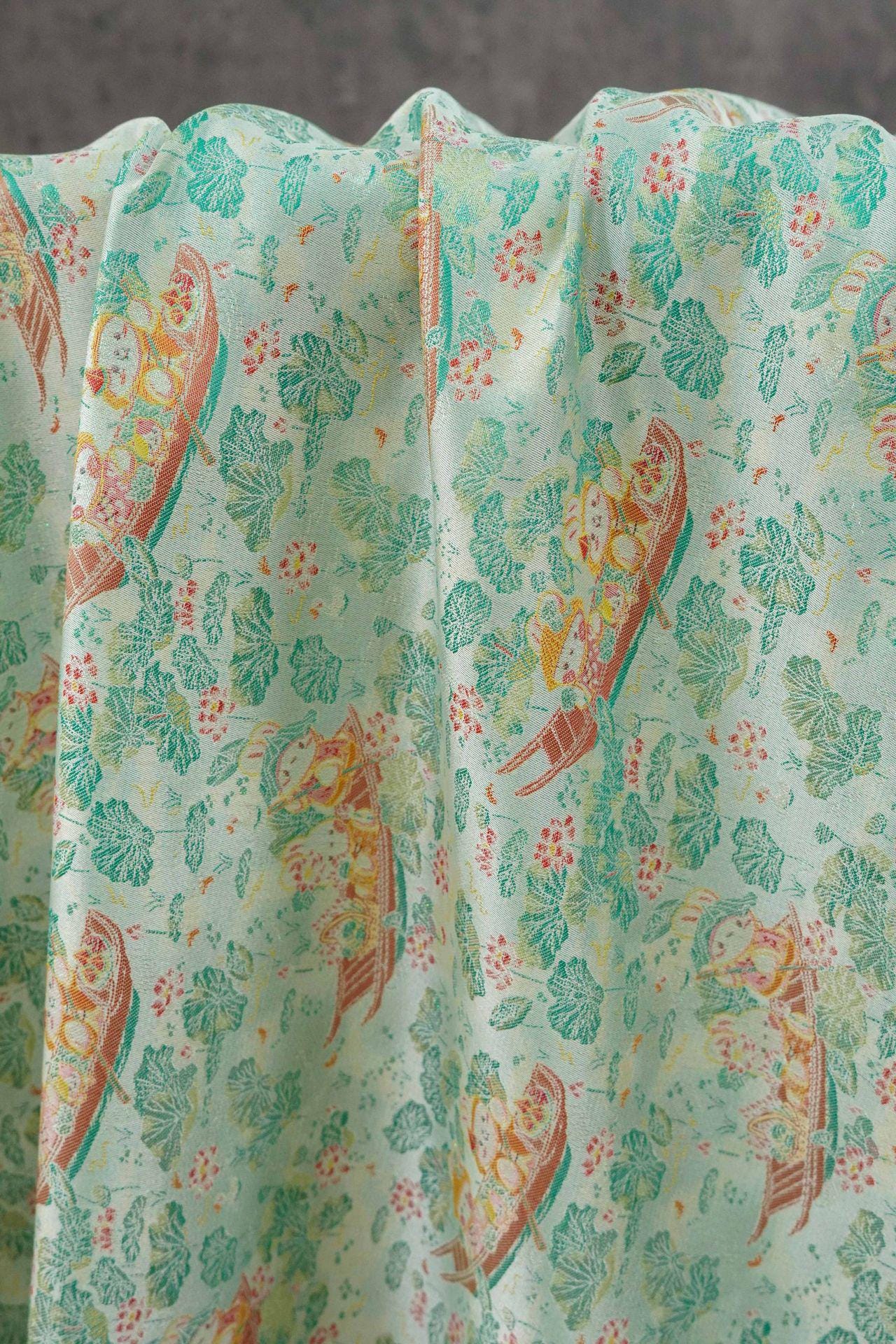 Chinese Song Brocade Jacquard Fabric | Gold Thread Rabbit Lotus Pattern Textile | Traditional Woven Fabric By Yard, 59" Wide