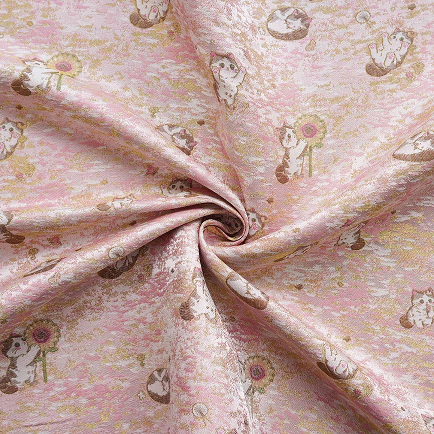 Song Brocade Jacquard Fabric | Gold Thread Cat Sunflower Pattern Textile | Chinese Inspired Woven Fabric By Yard, 59" Wide