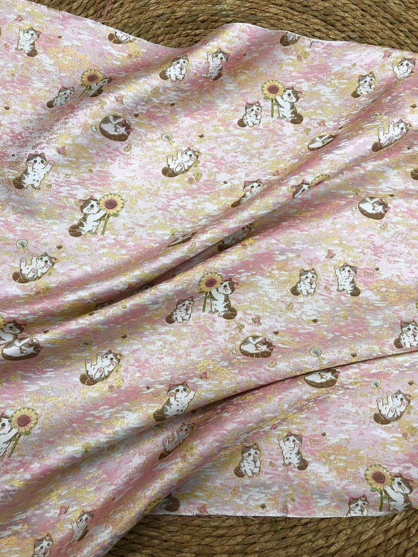 Song Brocade Jacquard Fabric | Gold Thread Cat Sunflower Pattern Textile | Chinese Inspired Woven Fabric By Yard, 59" Wide