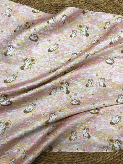 Song Brocade Jacquard Fabric | Gold Thread Cat Sunflower Pattern Textile | Chinese Inspired Woven Fabric By Yard, 59" Wide