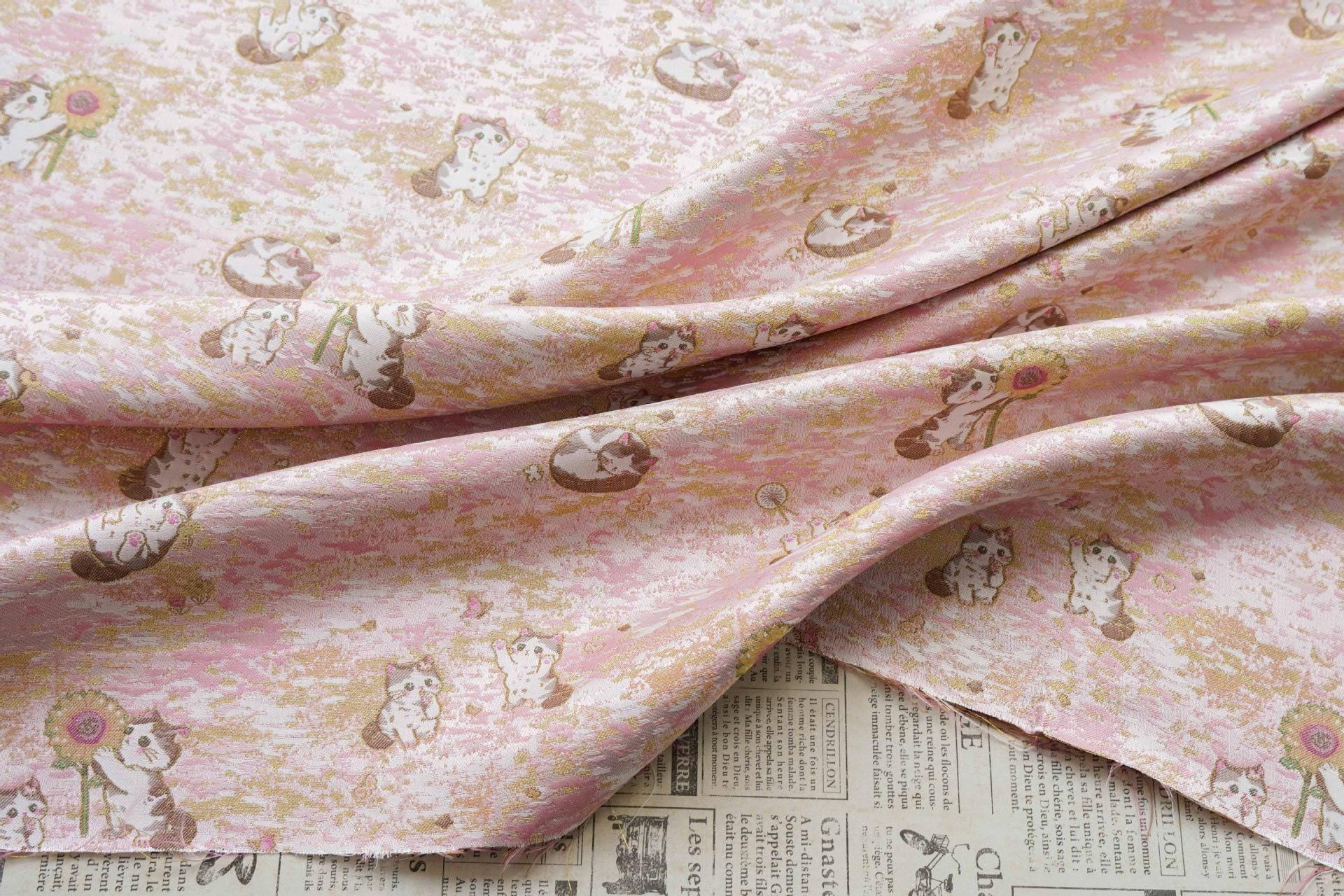 Song Brocade Jacquard Fabric | Gold Thread Cat Sunflower Pattern Textile | Chinese Inspired Woven Fabric By Yard, 59" Wide