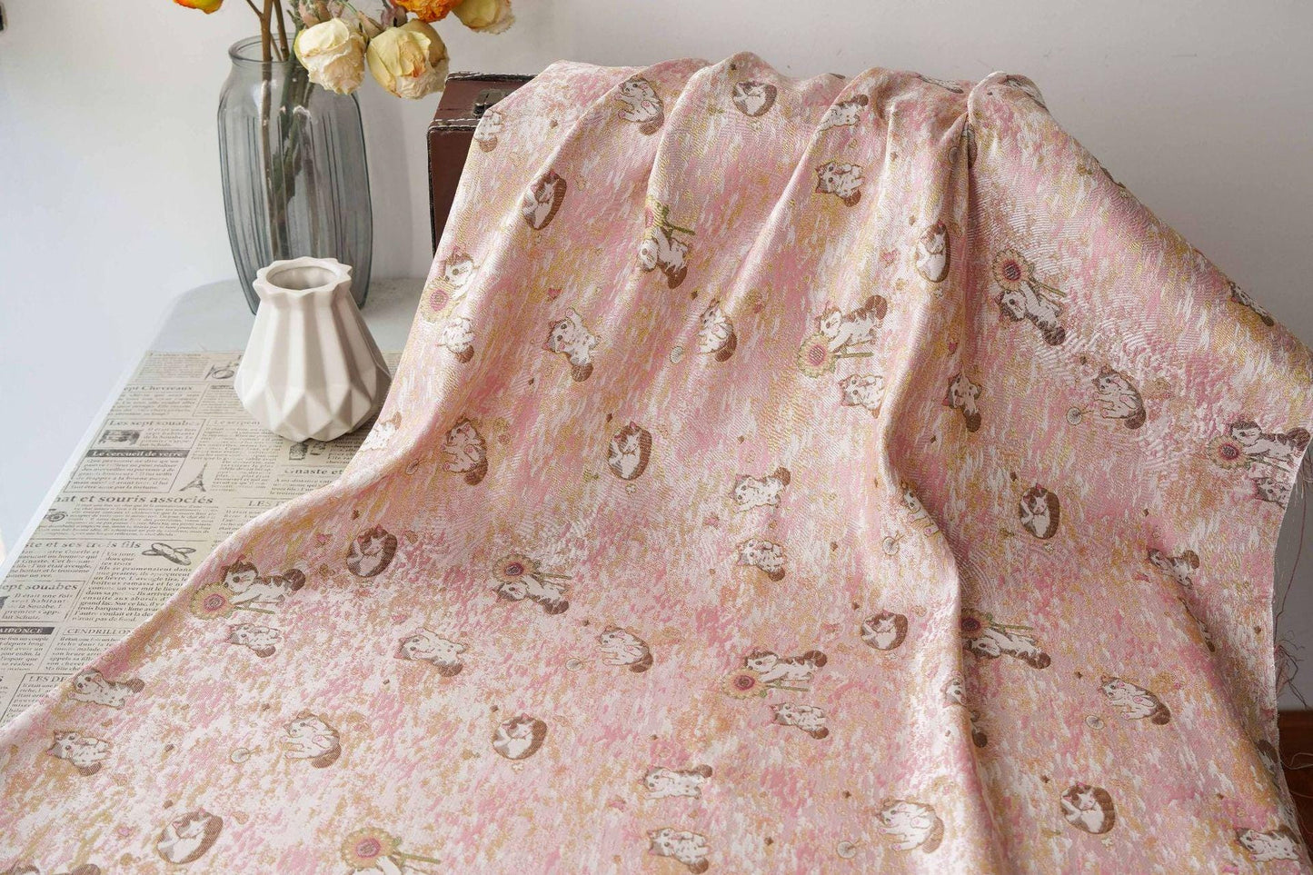 Song Brocade Jacquard Fabric | Gold Thread Cat Sunflower Pattern Textile | Chinese Inspired Woven Fabric By Yard, 59" Wide