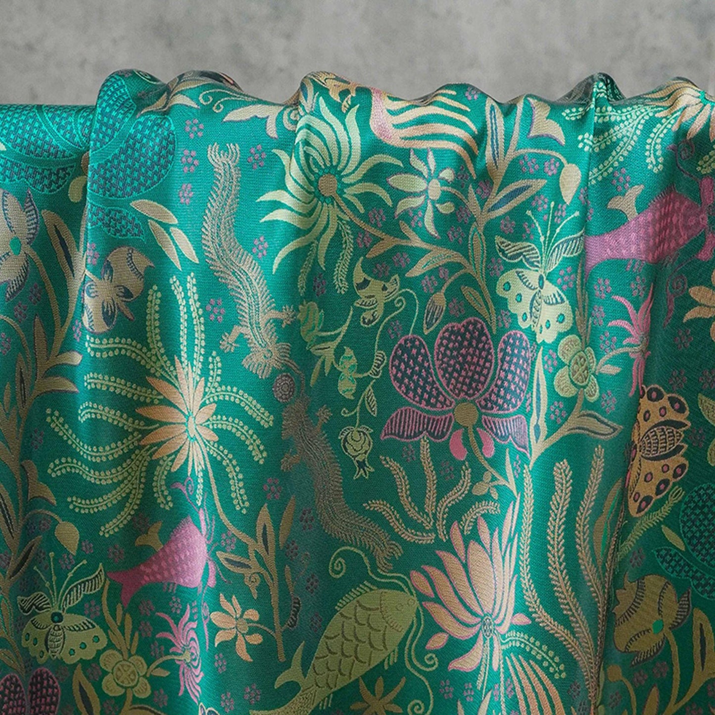 Vintage-Inspired Fish Butterfly Lotus Jacquard Fabric, Teal Botanical Woven Textile for Qipao, Jacket, Dress & Decor, 60"Wide