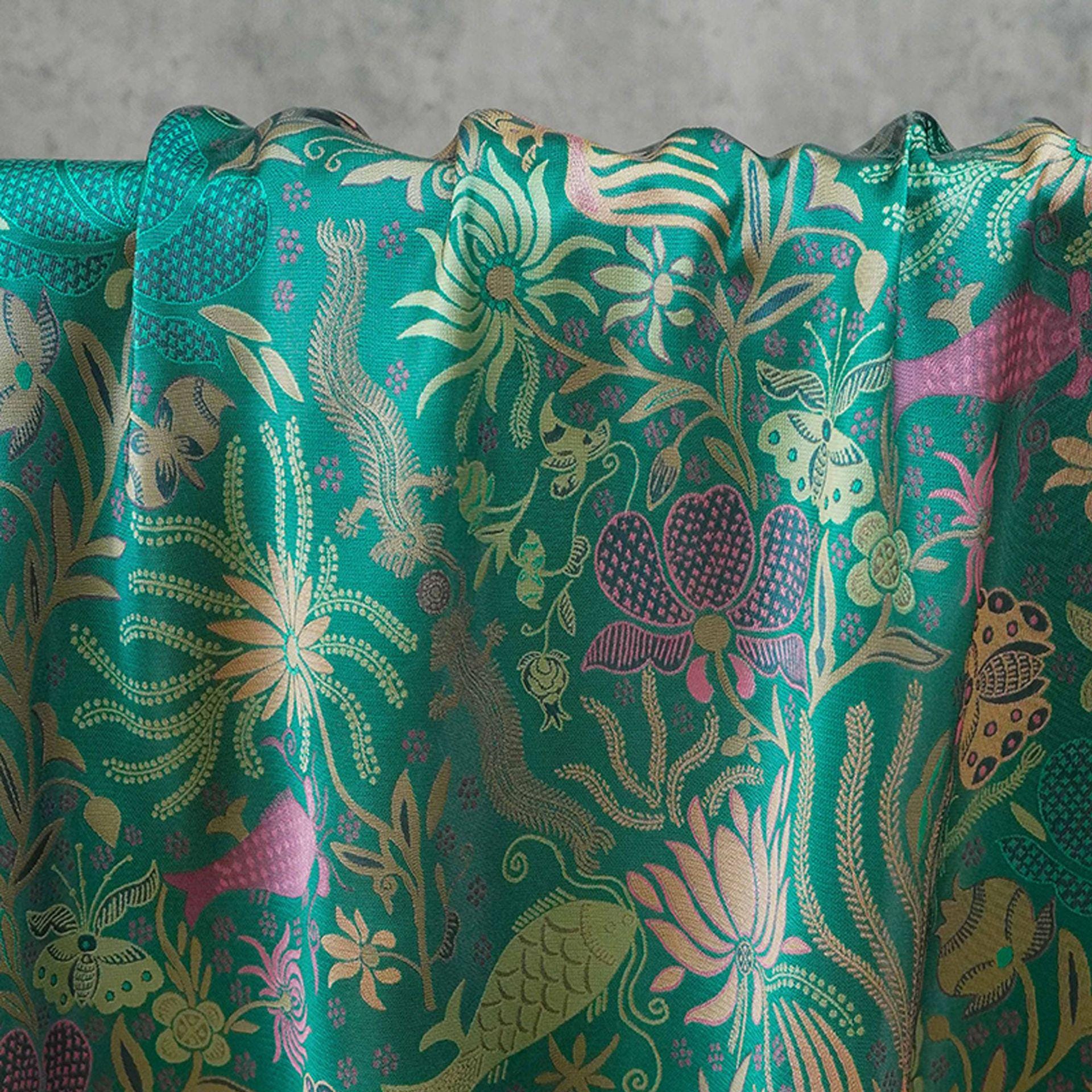 Vintage-Inspired Fish Butterfly Lotus Jacquard Fabric, Teal Botanical Woven Textile for Qipao, Jacket, Dress & Decor, 60"Wide