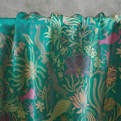 Vintage-Inspired Fish Butterfly Lotus Jacquard Fabric, Teal Botanical Woven Textile for Qipao, Jacket, Dress & Decor, 60"Wide