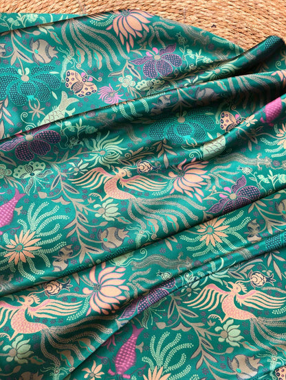Vintage-Inspired Fish Butterfly Lotus Jacquard Fabric, Teal Botanical Woven Textile for Qipao, Jacket, Dress & Decor, 60"Wide