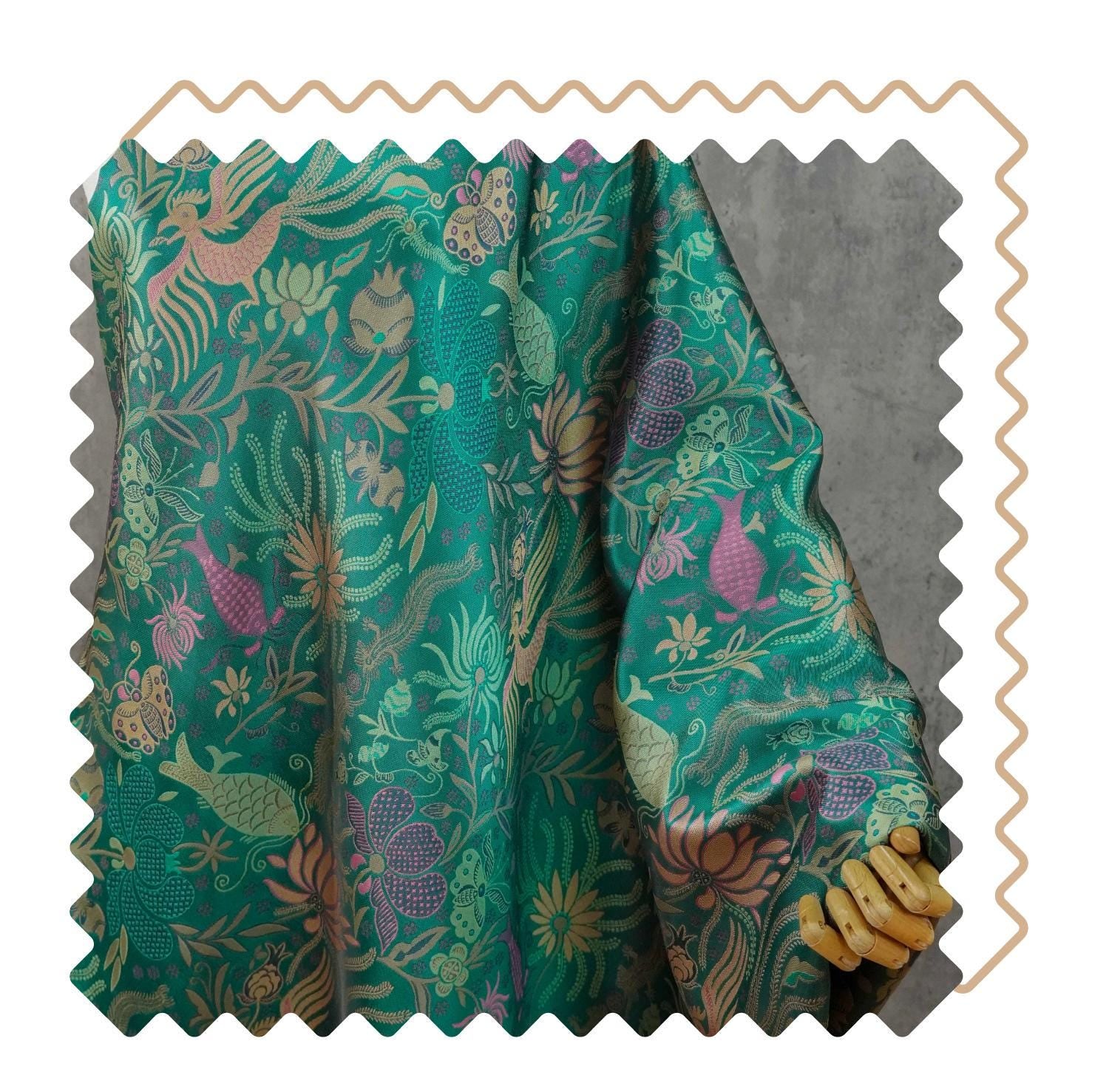 Vintage-Inspired Fish Butterfly Lotus Jacquard Fabric, Teal Botanical Woven Textile for Qipao, Jacket, Dress & Decor, 60"Wide