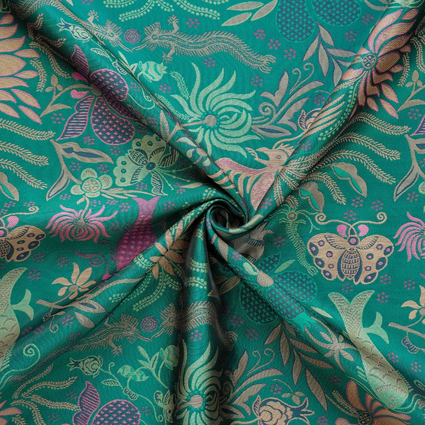 Vintage-Inspired Fish Butterfly Lotus Jacquard Fabric, Teal Botanical Woven Textile for Qipao, Jacket, Dress & Decor, 60"Wide