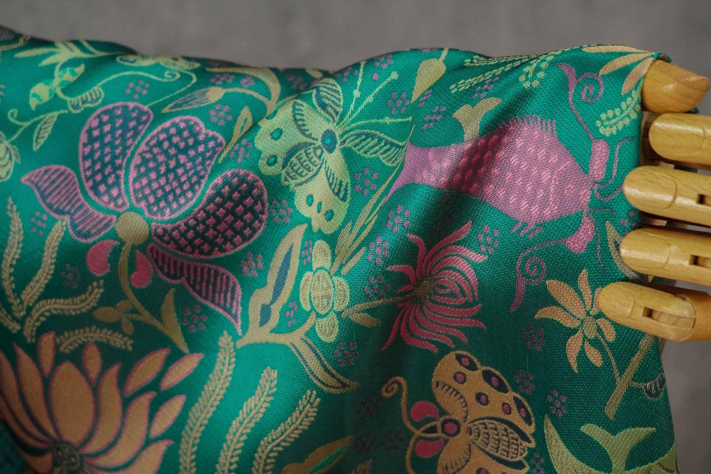 Vintage-Inspired Fish Butterfly Lotus Jacquard Fabric, Teal Botanical Woven Textile for Qipao, Jacket, Dress & Decor, 60"Wide