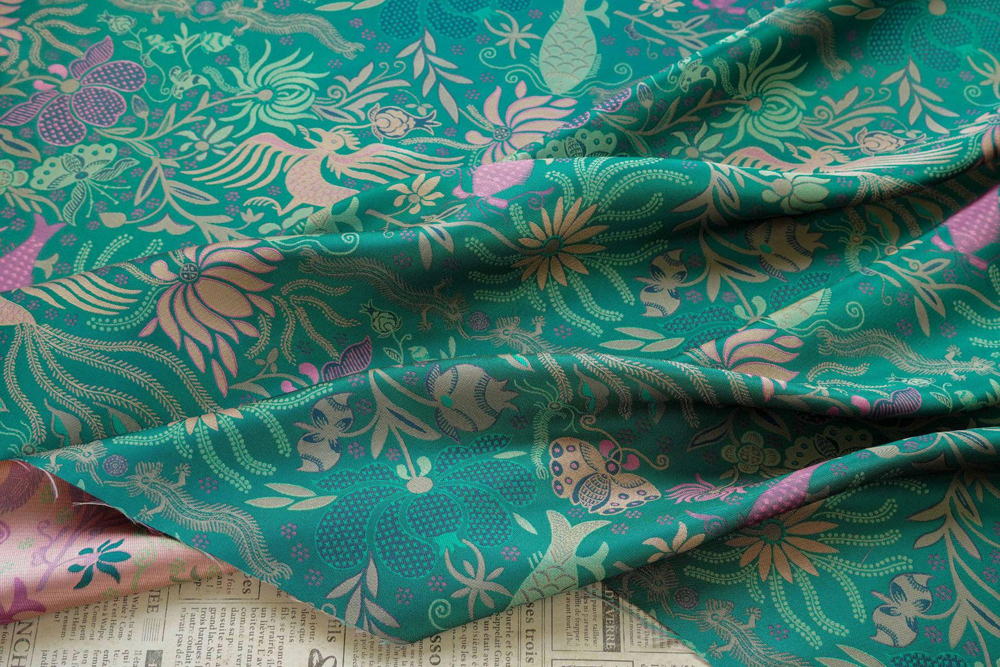 Vintage-Inspired Fish Butterfly Lotus Jacquard Fabric, Teal Botanical Woven Textile for Qipao, Jacket, Dress & Decor, 60"Wide