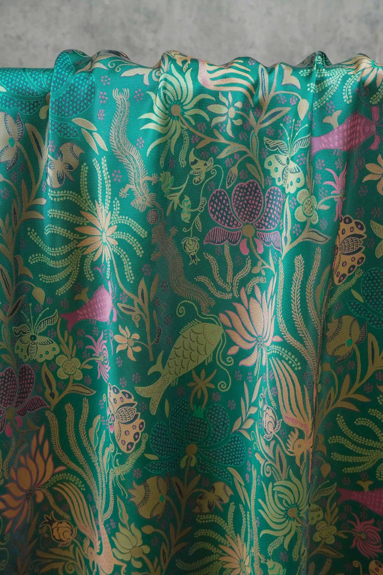 Vintage-Inspired Fish Butterfly Lotus Jacquard Fabric, Teal Botanical Woven Textile for Qipao, Jacket, Dress & Decor, 60"Wide