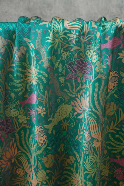 Vintage-Inspired Fish Butterfly Lotus Jacquard Fabric, Teal Botanical Woven Textile for Qipao, Jacket, Dress & Decor, 60"Wide