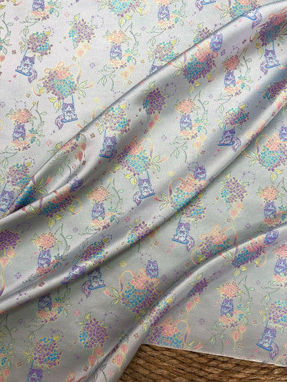 Song-Style Hydrangea Cat Jacquard Fabric, Pastel Floral Metallic Thread Chinese Style Fabric for Qipao, Dress, Bags & Crafts, 59"Wide