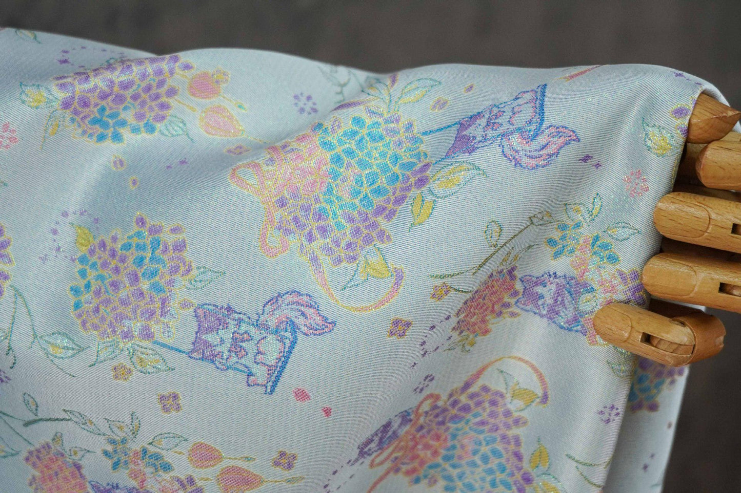 Song-Style Hydrangea Cat Jacquard Fabric, Pastel Floral Metallic Thread Chinese Style Fabric for Qipao, Dress, Bags & Crafts, 59"Wide