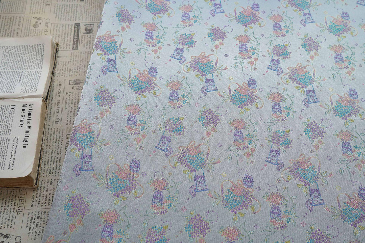 Song-Style Hydrangea Cat Jacquard Fabric, Pastel Floral Metallic Thread Chinese Style Fabric for Qipao, Dress, Bags & Crafts, 59"Wide