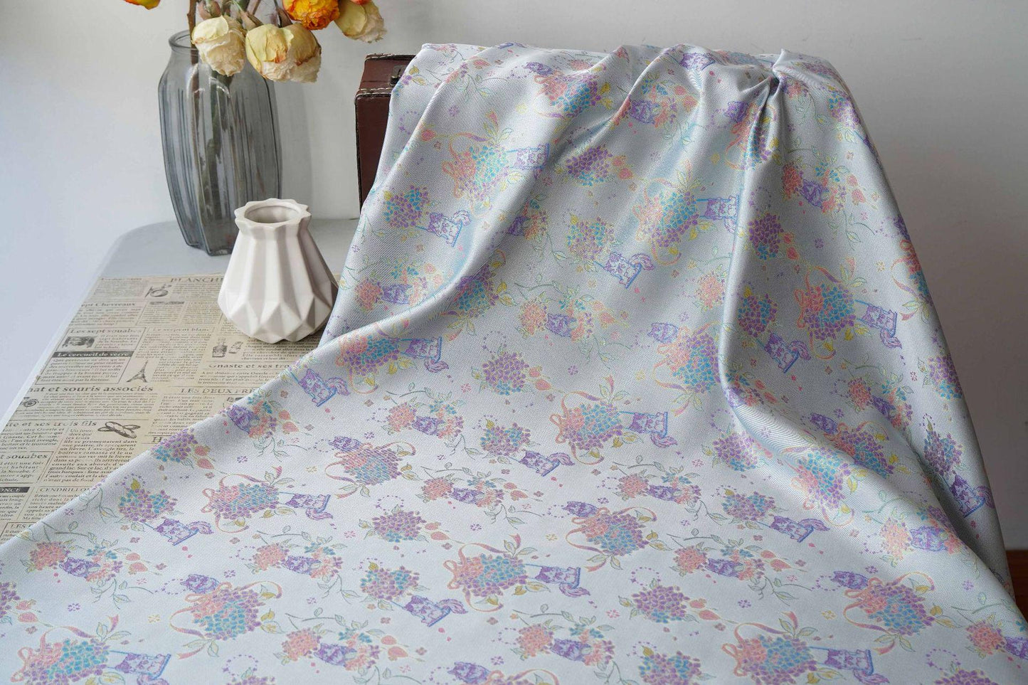 Song-Style Hydrangea Cat Jacquard Fabric, Pastel Floral Metallic Thread Chinese Style Fabric for Qipao, Dress, Bags & Crafts, 59"Wide