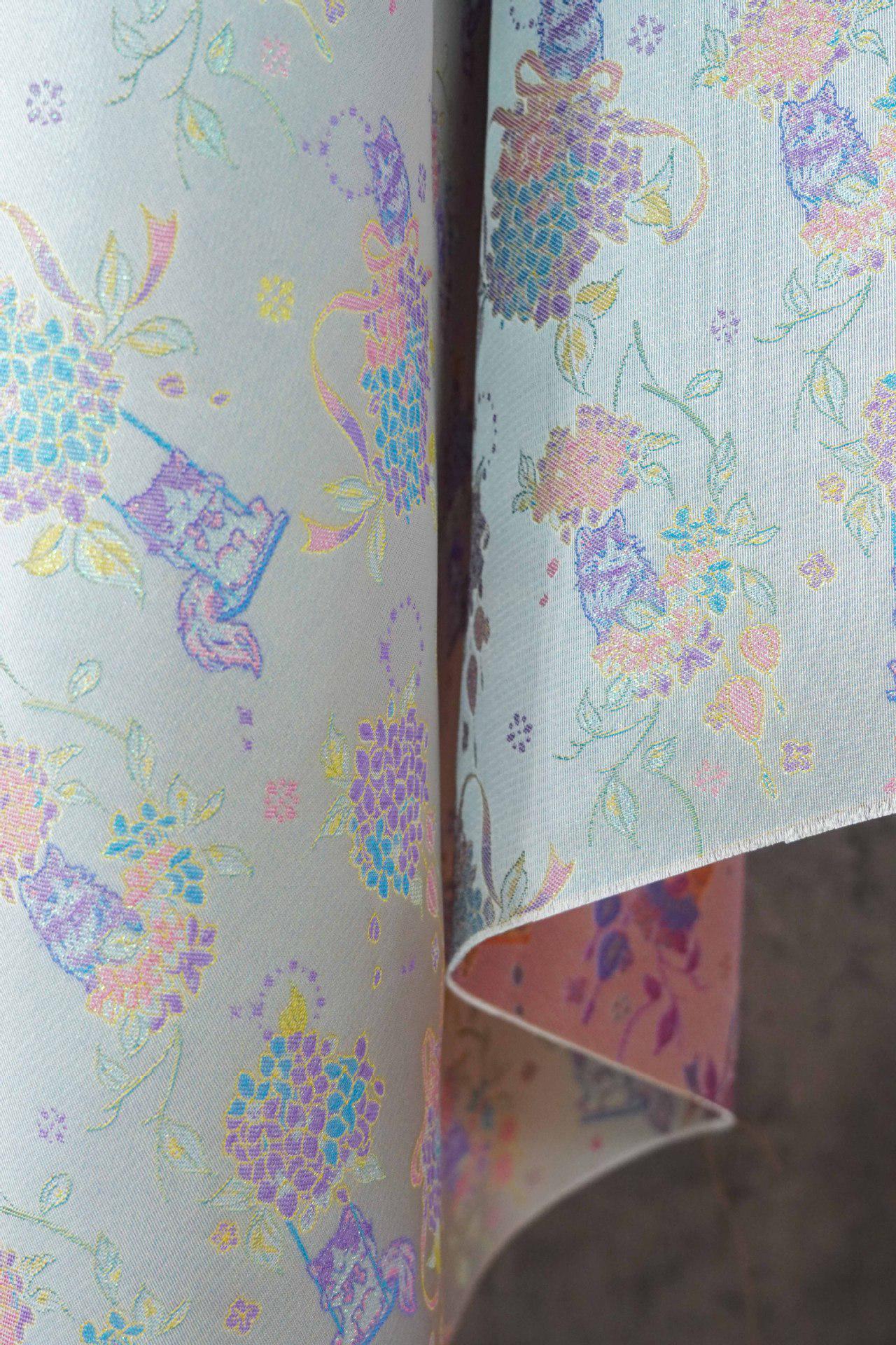 Song-Style Hydrangea Cat Jacquard Fabric, Pastel Floral Metallic Thread Chinese Style Fabric for Qipao, Dress, Bags & Crafts, 59"Wide