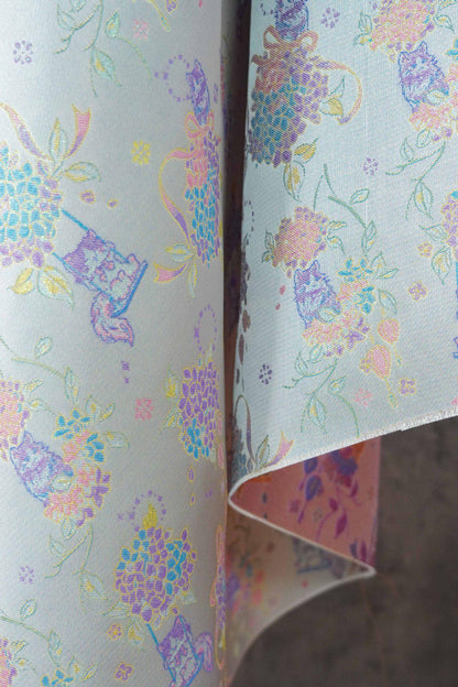 Song-Style Hydrangea Cat Jacquard Fabric, Pastel Floral Metallic Thread Chinese Style Fabric for Qipao, Dress, Bags & Crafts, 59"Wide