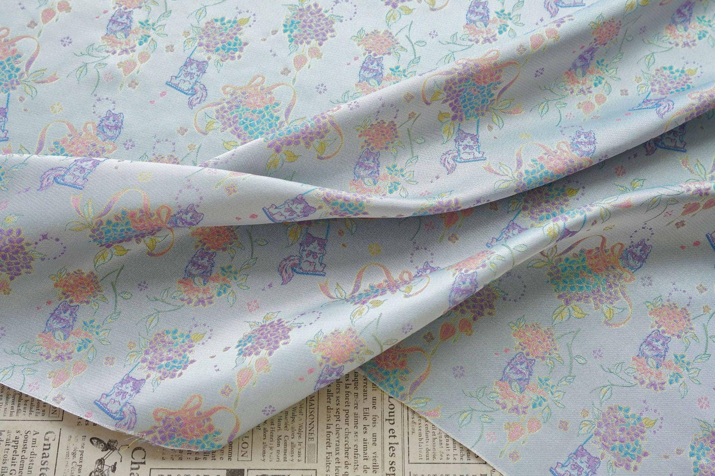 Song-Style Hydrangea Cat Jacquard Fabric, Pastel Floral Metallic Thread Chinese Style Fabric for Qipao, Dress, Bags & Crafts, 59"Wide