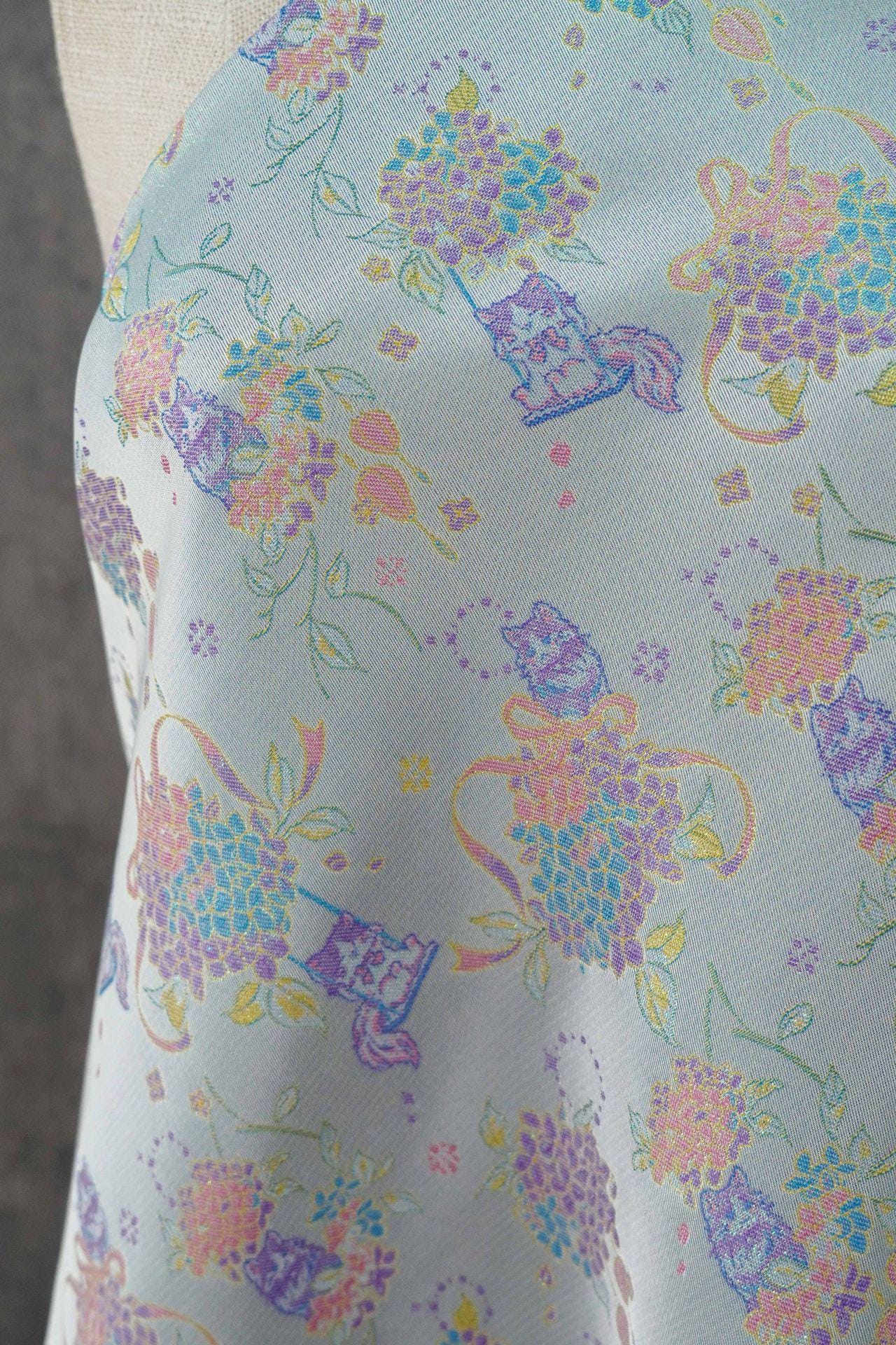 Song-Style Hydrangea Cat Jacquard Fabric, Pastel Floral Metallic Thread Chinese Style Fabric for Qipao, Dress, Bags & Crafts, 59"Wide