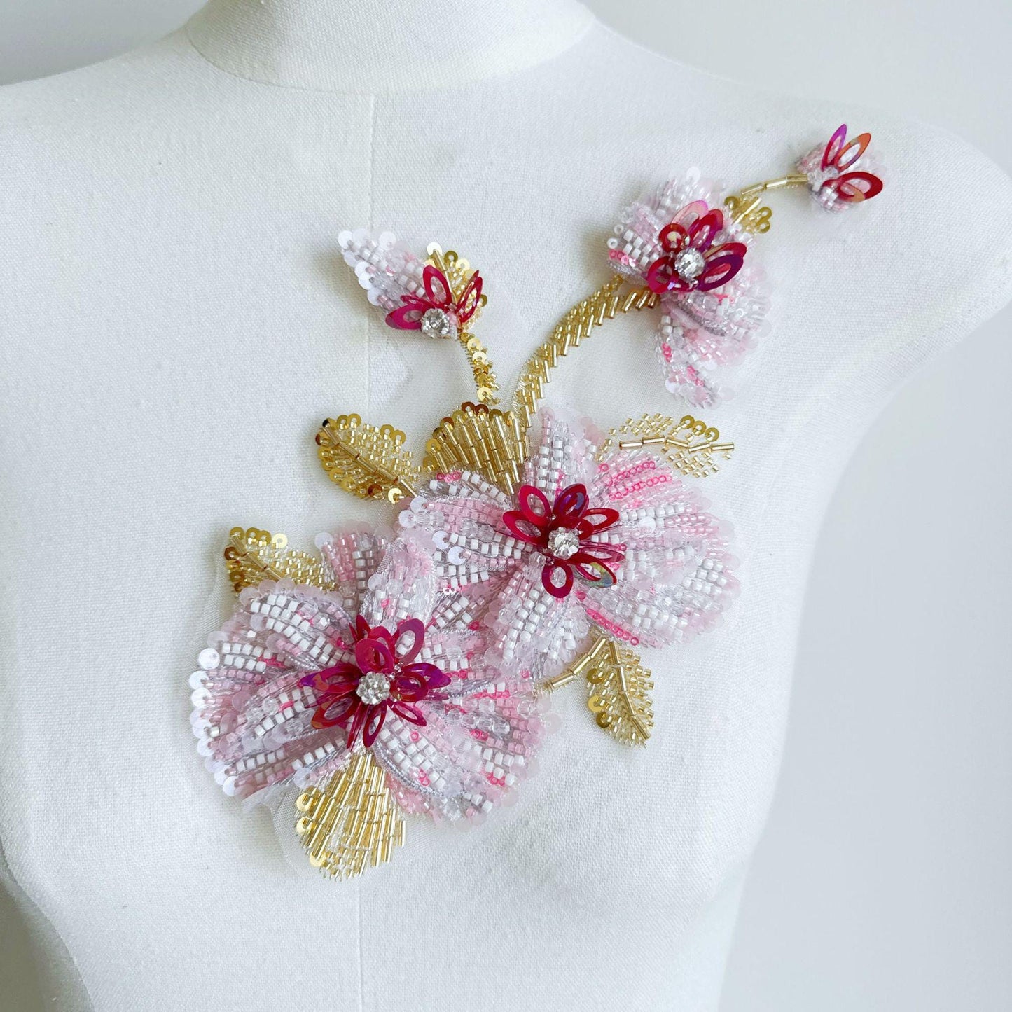 Pink White Beaded Floral Applique, Gold-Tone Leaf Sequin Embellishment for Evening Gown, Hanfu, Stage Costume & Bridal Dress