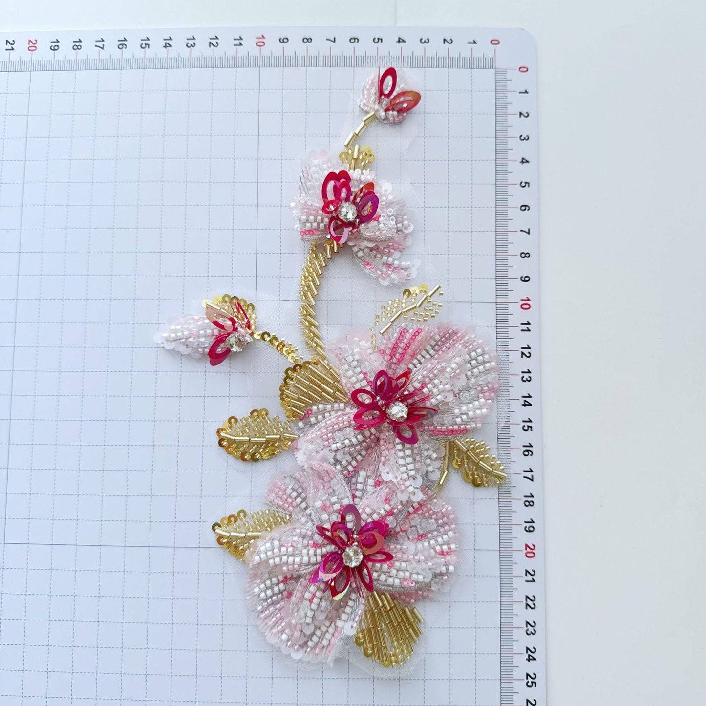 Pink White Beaded Floral Applique, Gold-Tone Leaf Sequin Embellishment for Evening Gown, Hanfu, Stage Costume & Bridal Dress