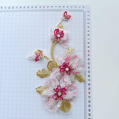 Pink White Beaded Floral Applique, Gold-Tone Leaf Sequin Embellishment for Evening Gown, Hanfu, Stage Costume & Bridal Dress