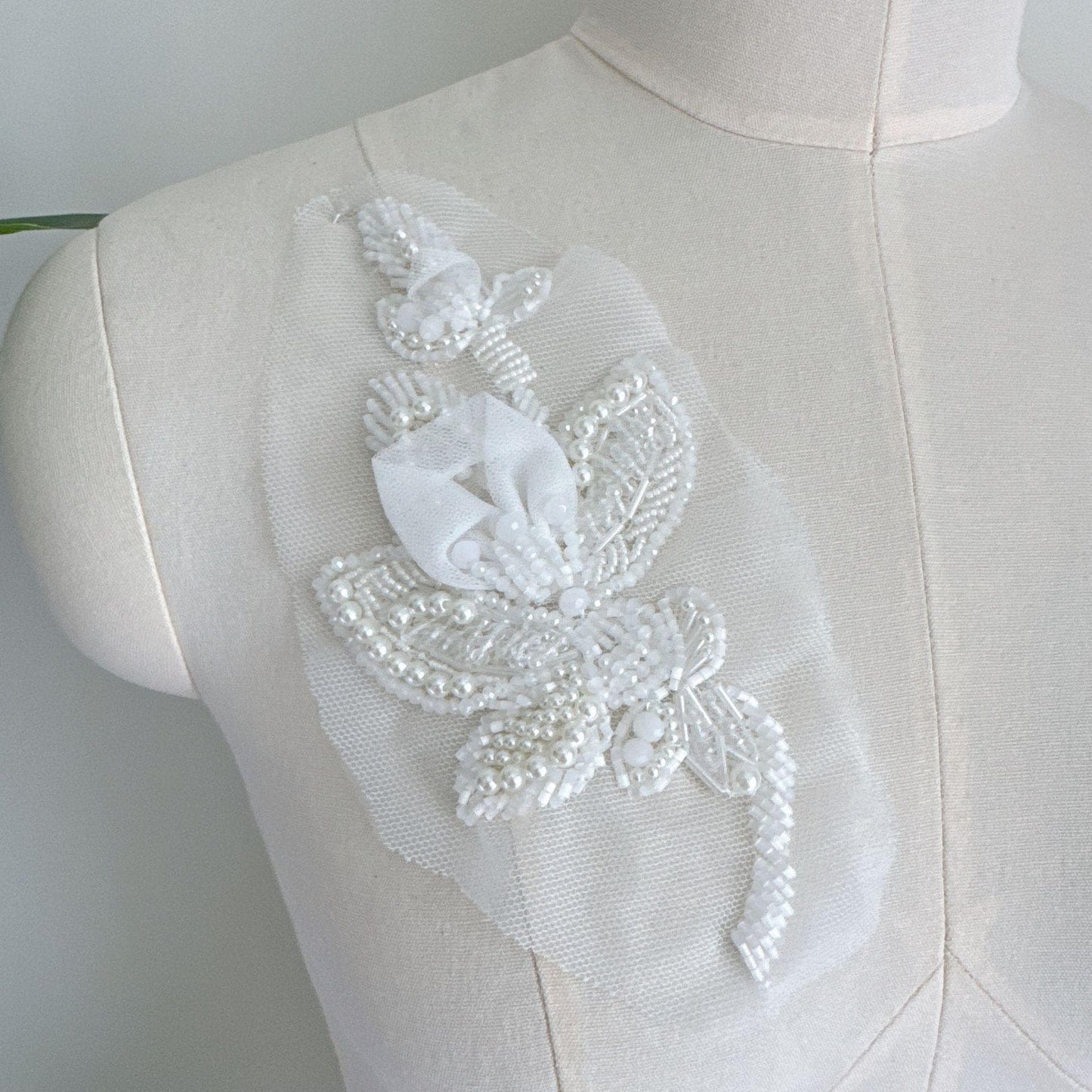 3D Beaded Floral Applique on Mesh, Pearl Sequin Flower Patch for Hanfu, Evening Gown, Bridal Dress & Stage Costume