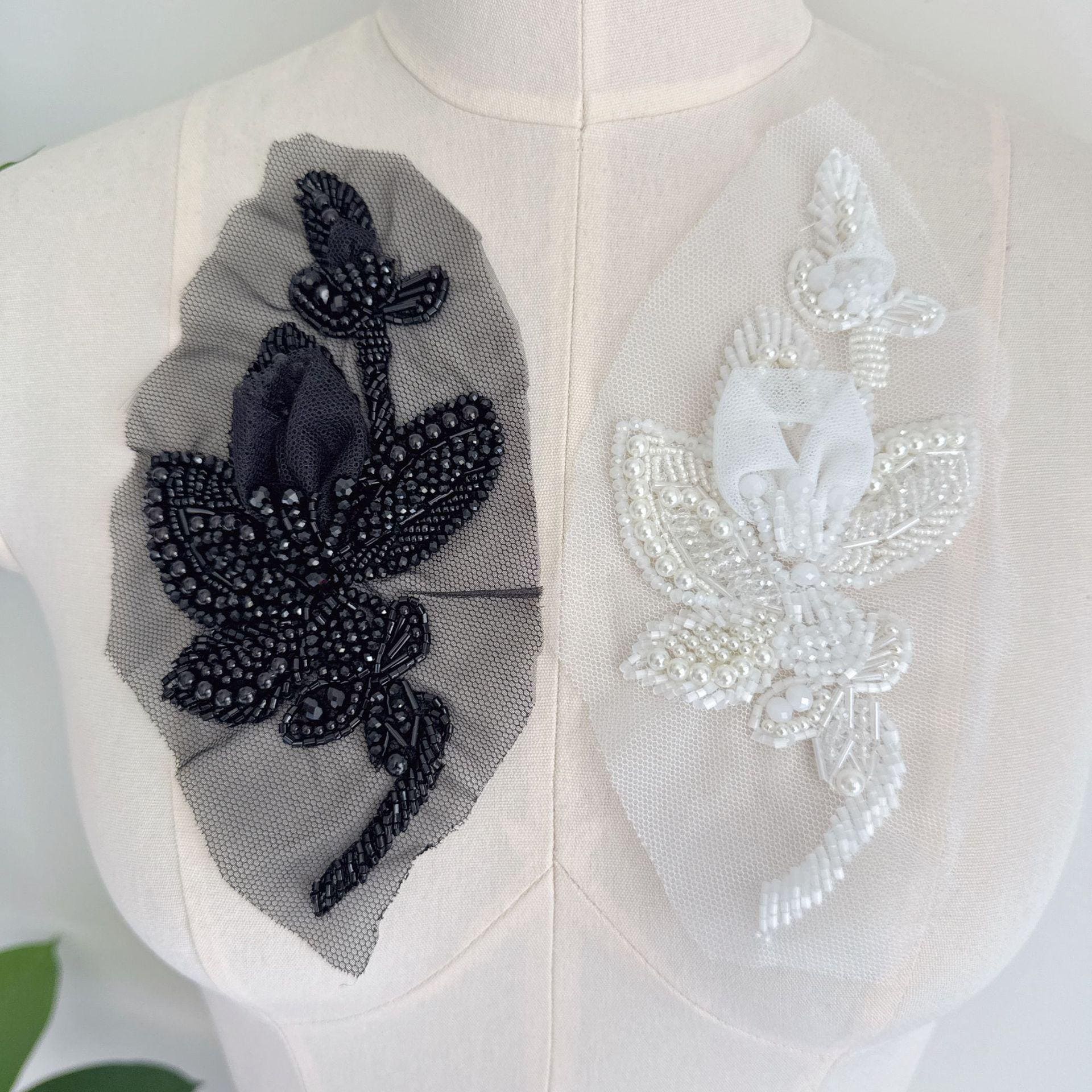 3D Beaded Floral Applique on Mesh, Pearl Sequin Flower Patch for Hanfu, Evening Gown, Bridal Dress & Stage Costume