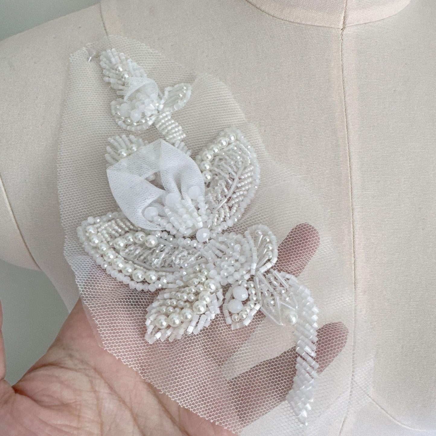 3D Beaded Floral Applique on Mesh, Pearl Sequin Flower Patch for Hanfu, Evening Gown, Bridal Dress & Stage Costume