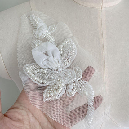 3D Beaded Floral Applique on Mesh, Pearl Sequin Flower Patch for Hanfu, Evening Gown, Bridal Dress & Stage Costume