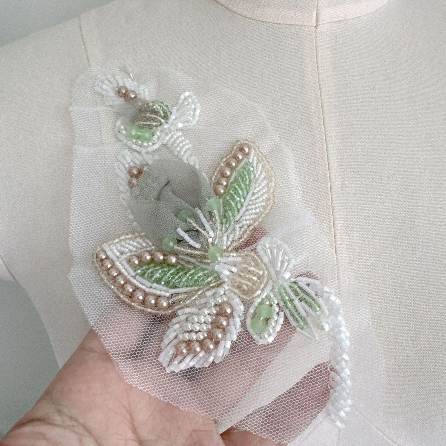 3D Beaded Floral Applique on Mesh, Pearl Sequin Flower Patch for Hanfu, Evening Gown, Bridal Dress & Stage Costume