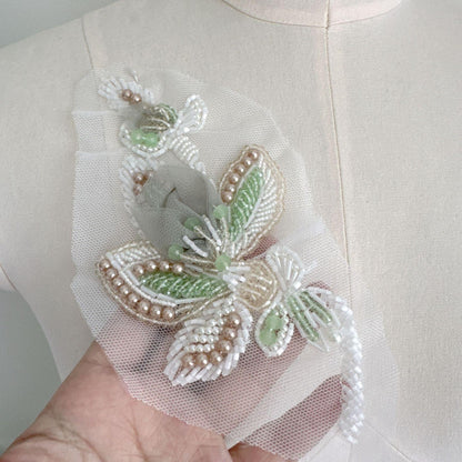 3D Beaded Floral Applique on Mesh, Pearl Sequin Flower Patch for Hanfu, Evening Gown, Bridal Dress & Stage Costume