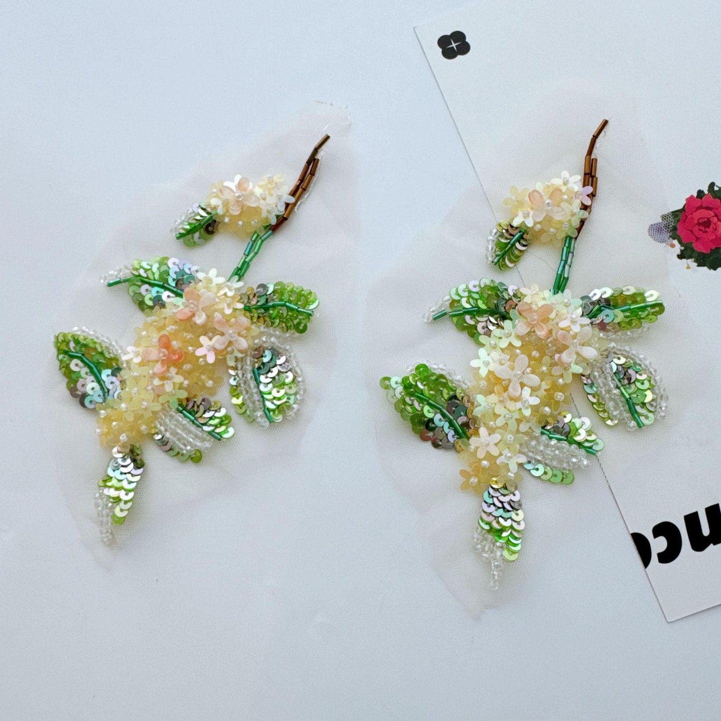 Yellow Green Beaded Floral Applique, 3D Sequin Flower Branch with Pearl Details for Gown, Hanfu, Bridal & Stage Costume
