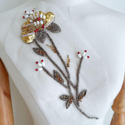 Beaded Floral Applique Collection on Mesh, Sequin Branch Patches for Hanfu, Evening Gown, Bridal Dress, Stage Costume & DIY