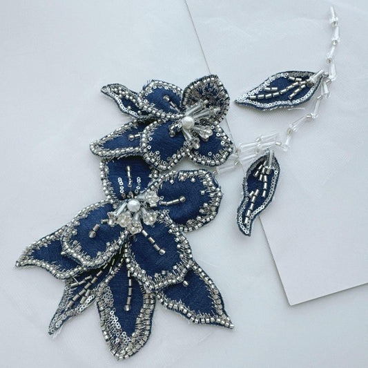 Ornate Beaded Floral Applique on Mesh, Sequin Seed Bead Flower Patch for Evening Gown, Stage Costume, Bridal Dress & Hanfu
