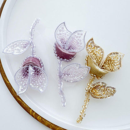 Ornate Beaded Floral Applique on Mesh, Sequin Seed Bead Flower Patch for Evening Gown, Stage Costume, Bridal Dress & Hanfu