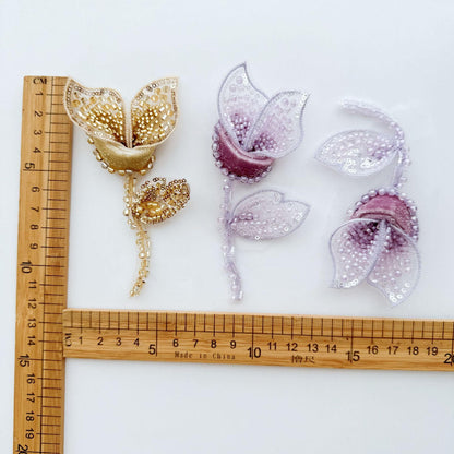 Ornate Beaded Floral Applique on Mesh, Sequin Seed Bead Flower Patch for Evening Gown, Stage Costume, Bridal Dress & Hanfu