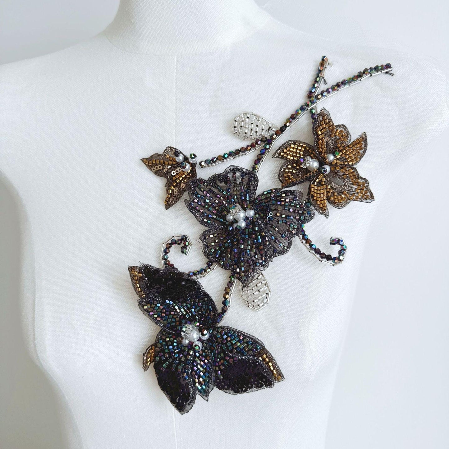 Ornate Beaded Floral Applique on Mesh, Sequin Seed Bead Flower Patch for Evening Gown, Stage Costume, Bridal Dress & Hanfu