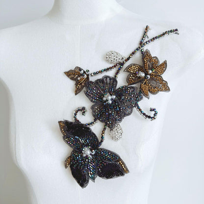 Ornate Beaded Floral Applique on Mesh, Sequin Seed Bead Flower Patch for Evening Gown, Stage Costume, Bridal Dress & Hanfu