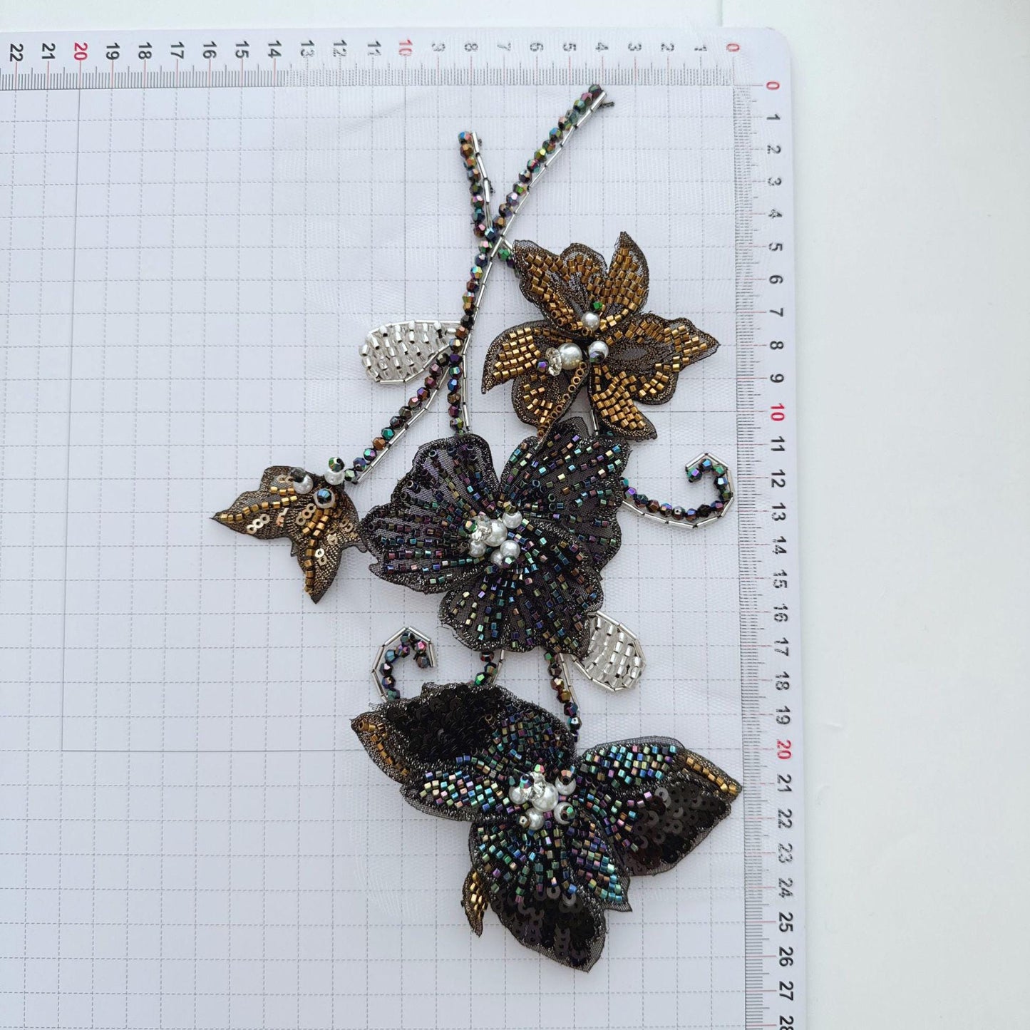 Ornate Beaded Floral Applique on Mesh, Sequin Seed Bead Flower Patch for Evening Gown, Stage Costume, Bridal Dress & Hanfu