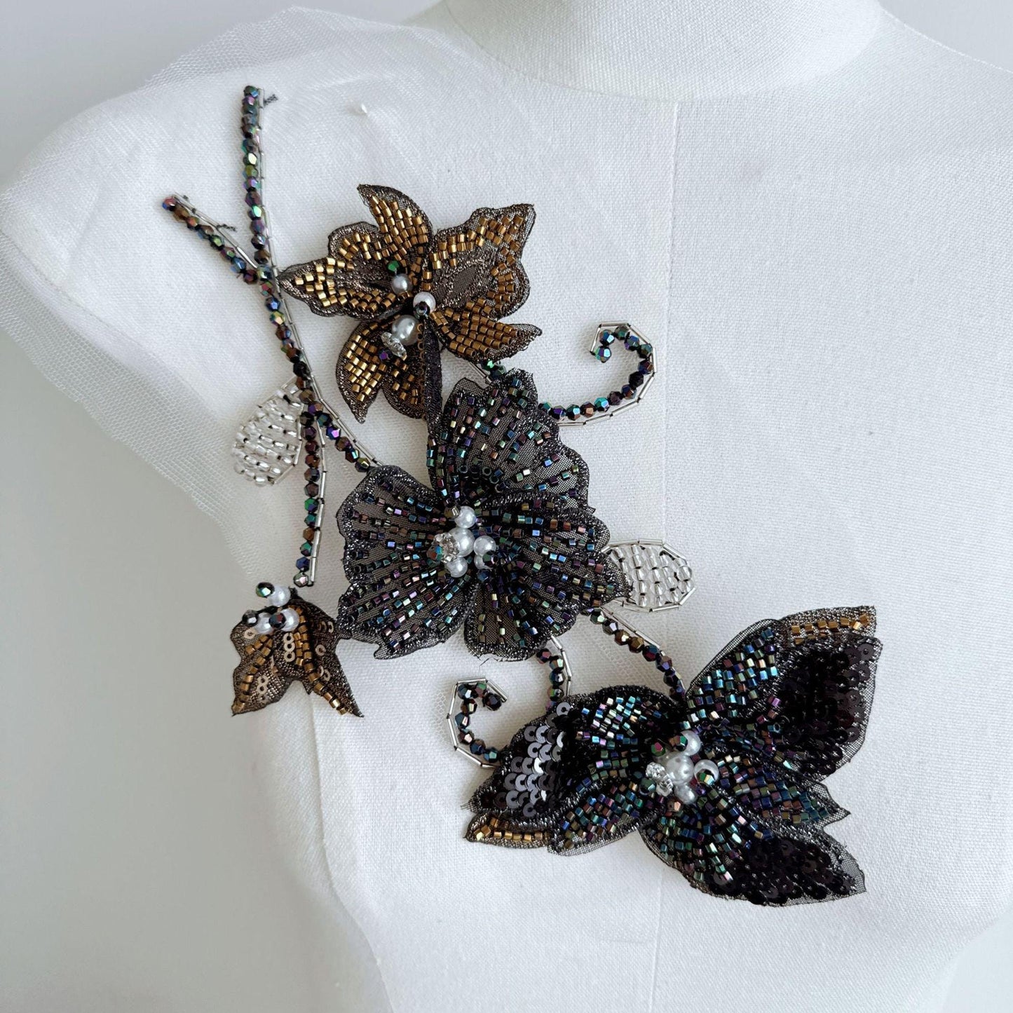 Ornate Beaded Floral Applique on Mesh, Sequin Seed Bead Flower Patch for Evening Gown, Stage Costume, Bridal Dress & Hanfu