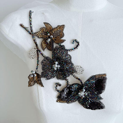 Ornate Beaded Floral Applique on Mesh, Sequin Seed Bead Flower Patch for Evening Gown, Stage Costume, Bridal Dress & Hanfu