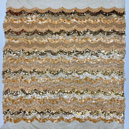 Mixed Size Sequin Embroidered Mesh Fabric, Champagne Gold Silver Stripe Fabric for Evening Gown, Stage Costume and Formal Dress - 49"W