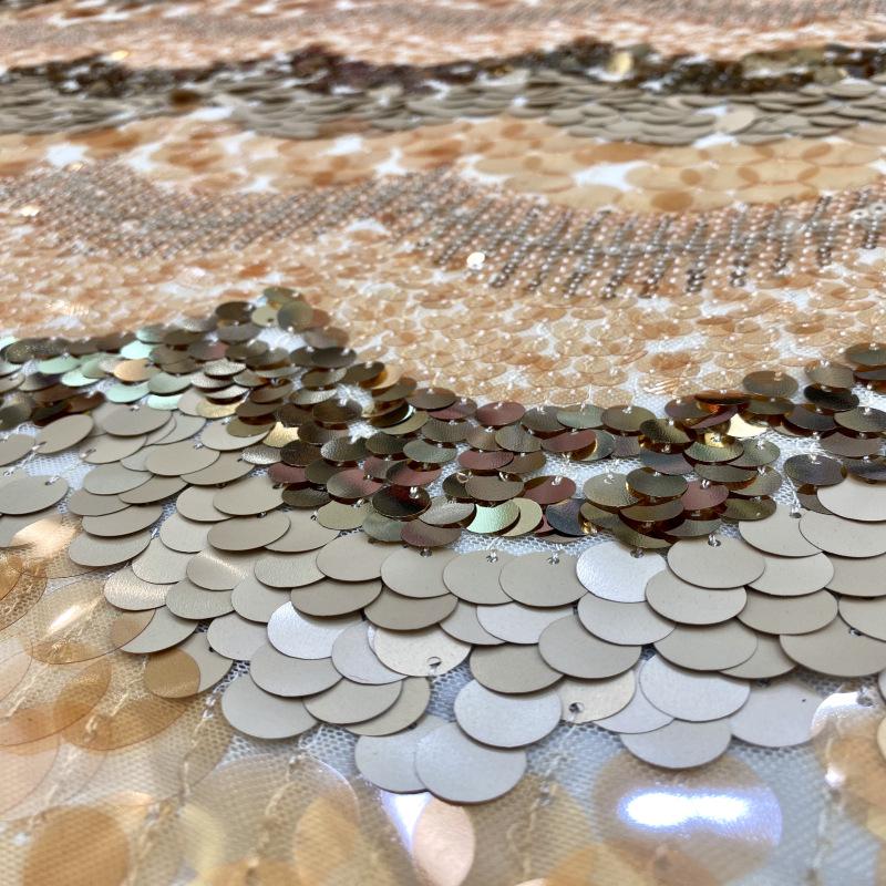 Mixed Size Sequin Embroidered Mesh Fabric, Champagne Gold Silver Stripe Fabric for Evening Gown, Stage Costume and Formal Dress - 49"W