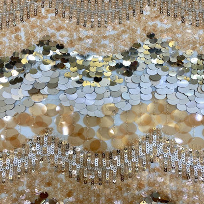 Mixed Size Sequin Embroidered Mesh Fabric, Champagne Gold Silver Stripe Fabric for Evening Gown, Stage Costume and Formal Dress - 49"W