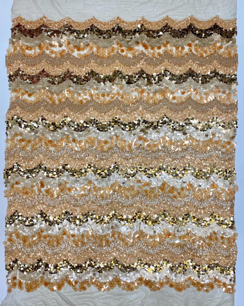 Mixed Size Sequin Embroidered Mesh Fabric, Champagne Gold Silver Stripe Fabric for Evening Gown, Stage Costume and Formal Dress - 49"W