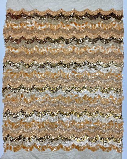 Mixed Size Sequin Embroidered Mesh Fabric, Champagne Gold Silver Stripe Fabric for Evening Gown, Stage Costume and Formal Dress - 49"W