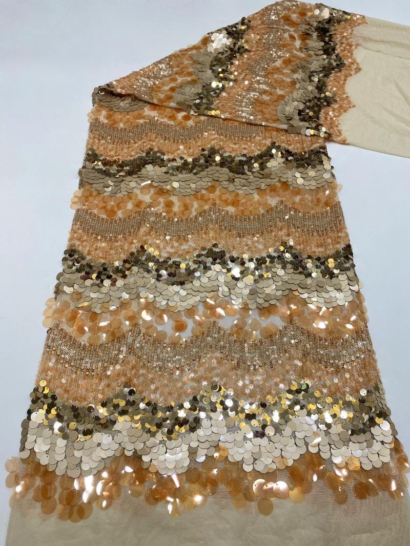 Mixed Size Sequin Embroidered Mesh Fabric, Champagne Gold Silver Stripe Fabric for Evening Gown, Stage Costume and Formal Dress - 49"W